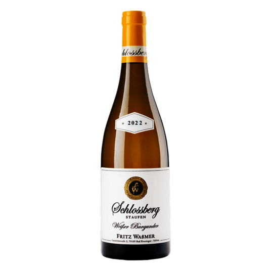 Une bouteille de vin « Schloss Staufen Pinot Blanc »